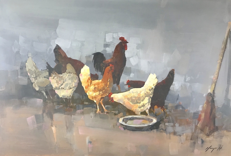 Hens, Original oil Painting, Handmade artwork, One of a Kind           